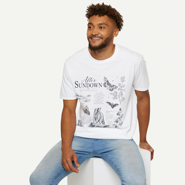 After Sundown T-Shirt — Vintage Nightscape Tee with Butterfly & Nature Illustrations