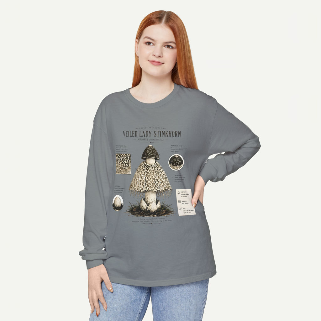 Veiled Lady Stinkhorn Mushroom Long Sleeve Tee — Botanical Fungi Illustration