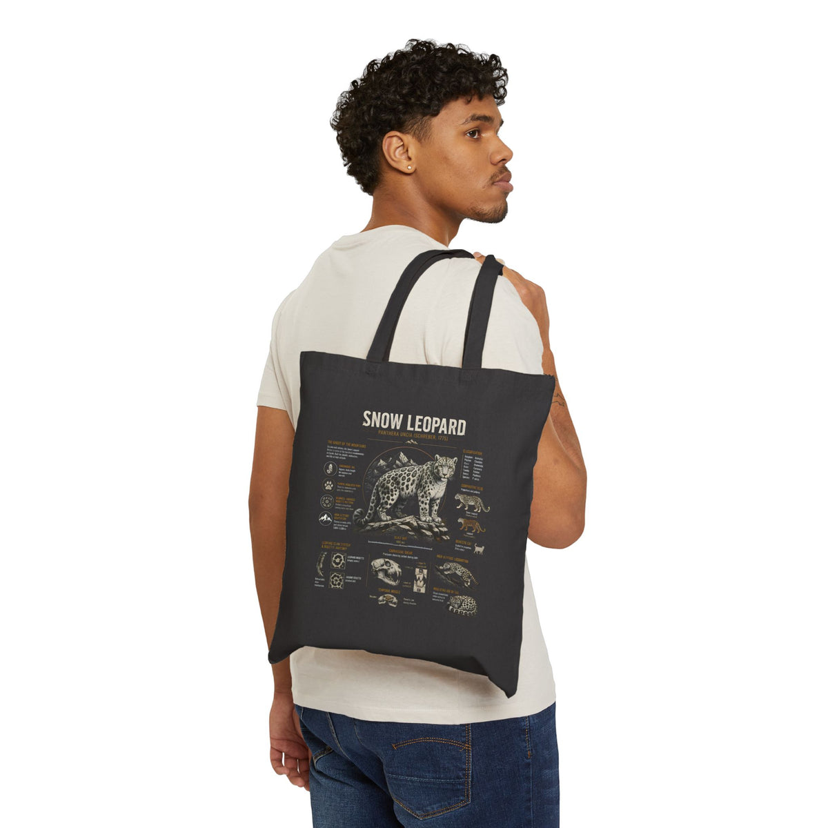 Snow Leopard Anatomy Canvas Tote Bag — Wildlife Illustration & Facts Eco-Friendly Shopper