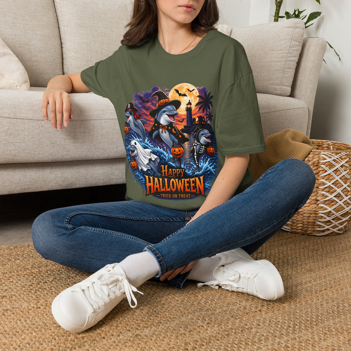 Halloween Dolphin T-Shirt — Cute Spooky Beach Scene with 'Happy Halloween'