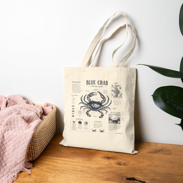 Blue Crab Anatomy Canvas Tote Bag — Nautical Vintage Seafood Diagram Shopper