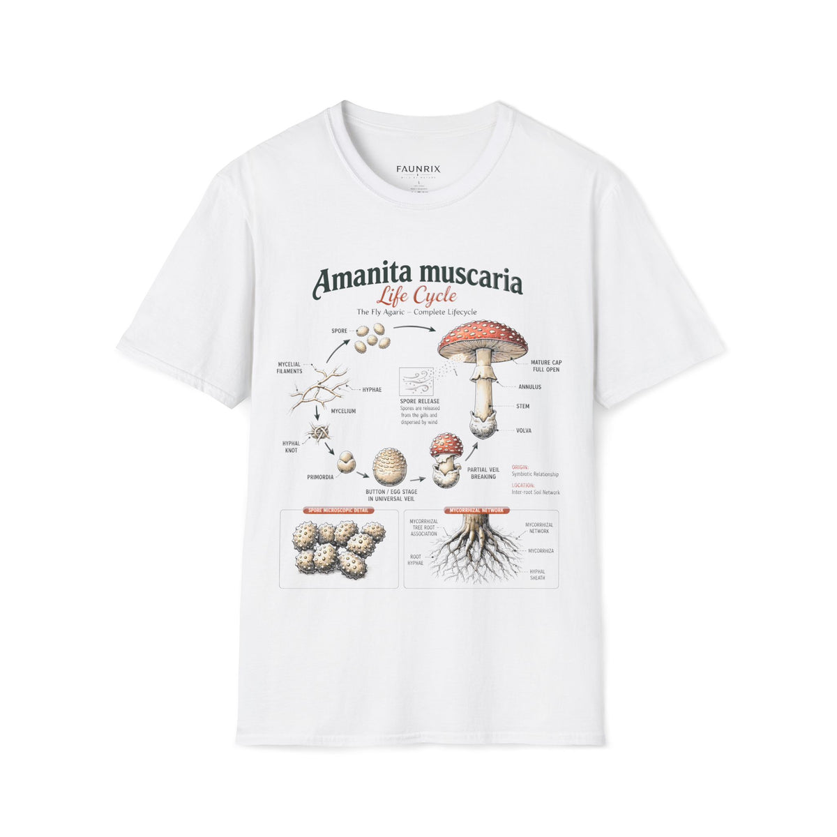 Amanita muscaria Life Cycle Anatomy T-Shirt — Educational Mushroom Diagram Tee