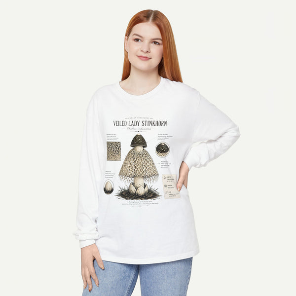 Veiled Lady Stinkhorn Mushroom Long Sleeve Tee — Botanical Fungi Illustration