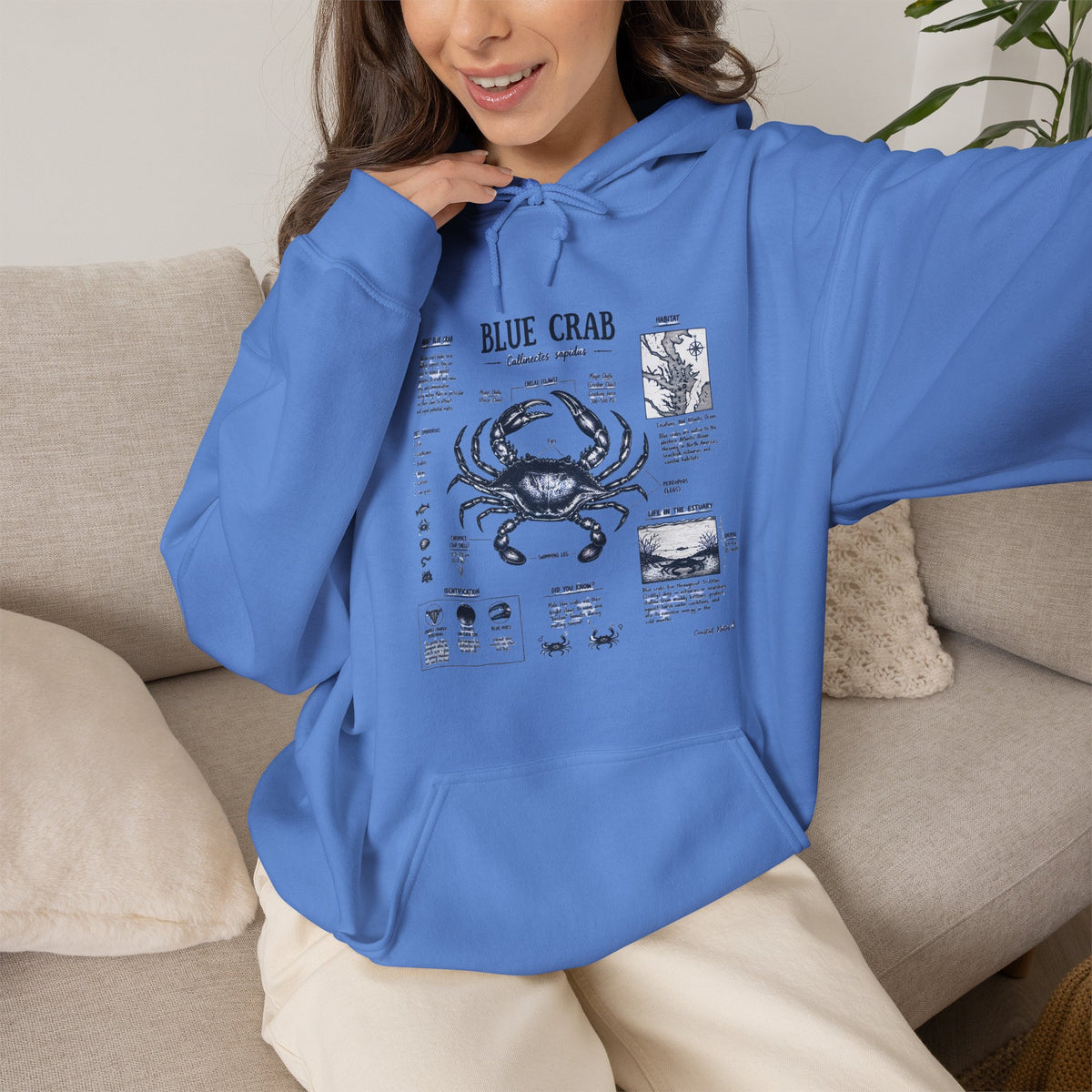 Blue Crab Anatomy Hoodie — Nautical Seafood Diagram Sweatshirt