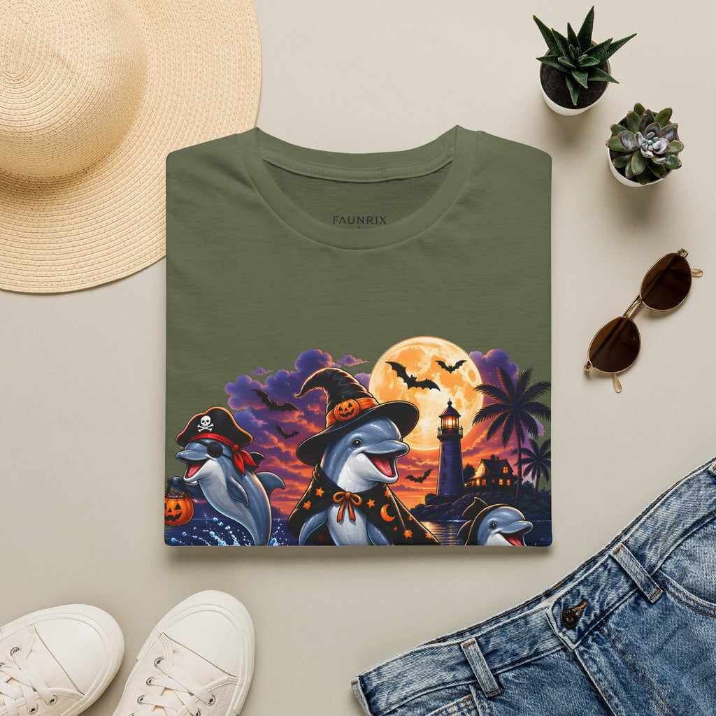 Halloween Dolphin T-Shirt — Cute Spooky Beach Scene with 'Happy Halloween'