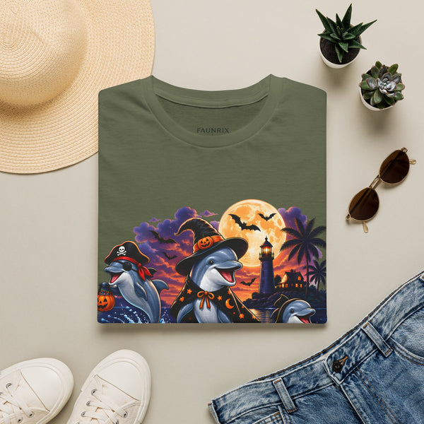 Halloween Dolphin T-Shirt — Cute Spooky Beach Scene with 'Happy Halloween'