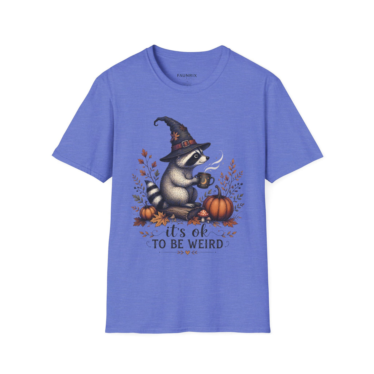 T-Shirt — Cute Raccoon Witch Illustration "It's OK to Be Weird" | Halloween Cozy Fall Graphic Tee