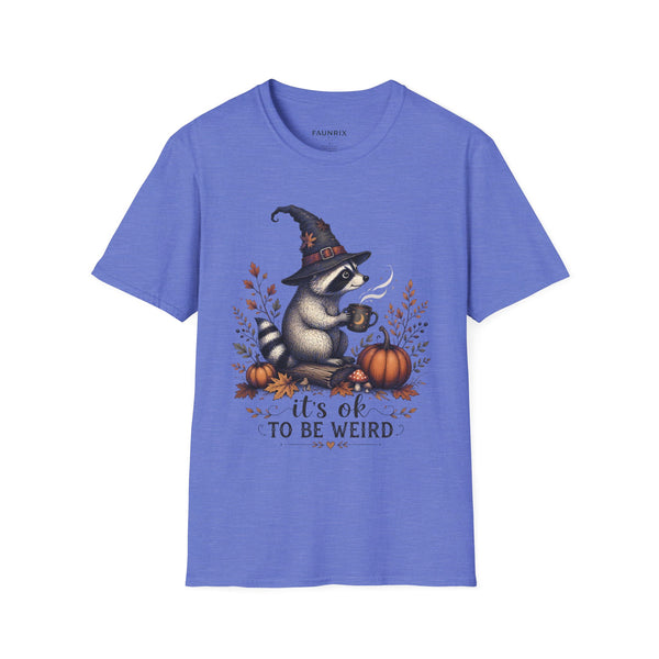 T-Shirt — Cute Raccoon Witch Illustration "It's OK to Be Weird" | Halloween Cozy Fall Graphic Tee