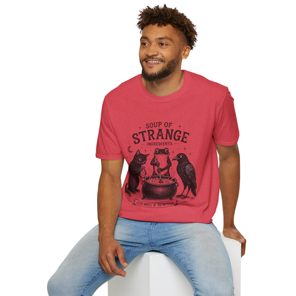 T-Shirt — "Soup of Strange Ingredients" Witchy Frog, Cat & Crow Illustration