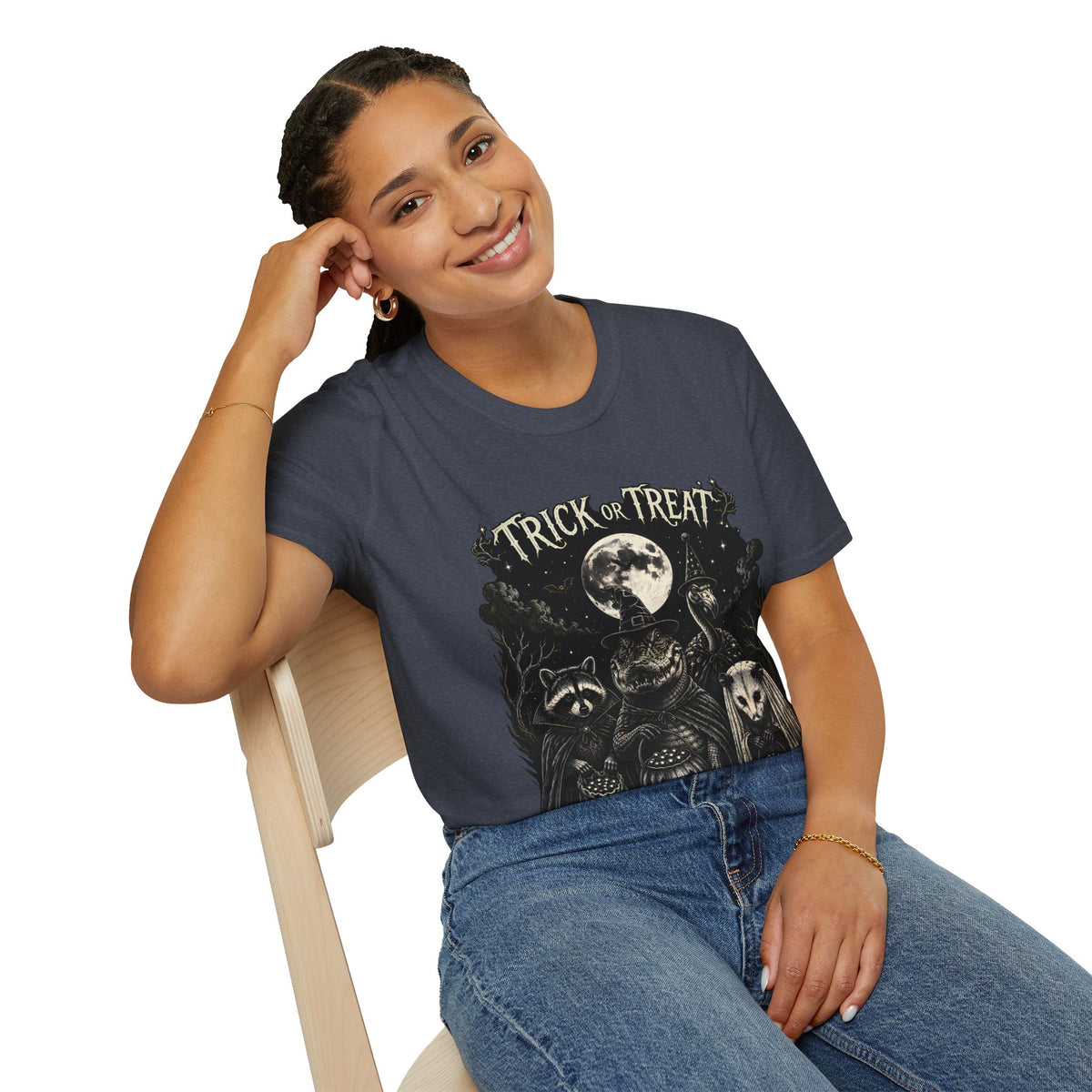 Halloween 'Trick or Treat' T-Shirt — Spooky Moon & Creatures Graphic