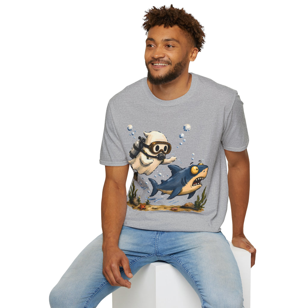 Dive Buddy T‑Shirt — Cute Scuba Pug Chasing Shark Illustration