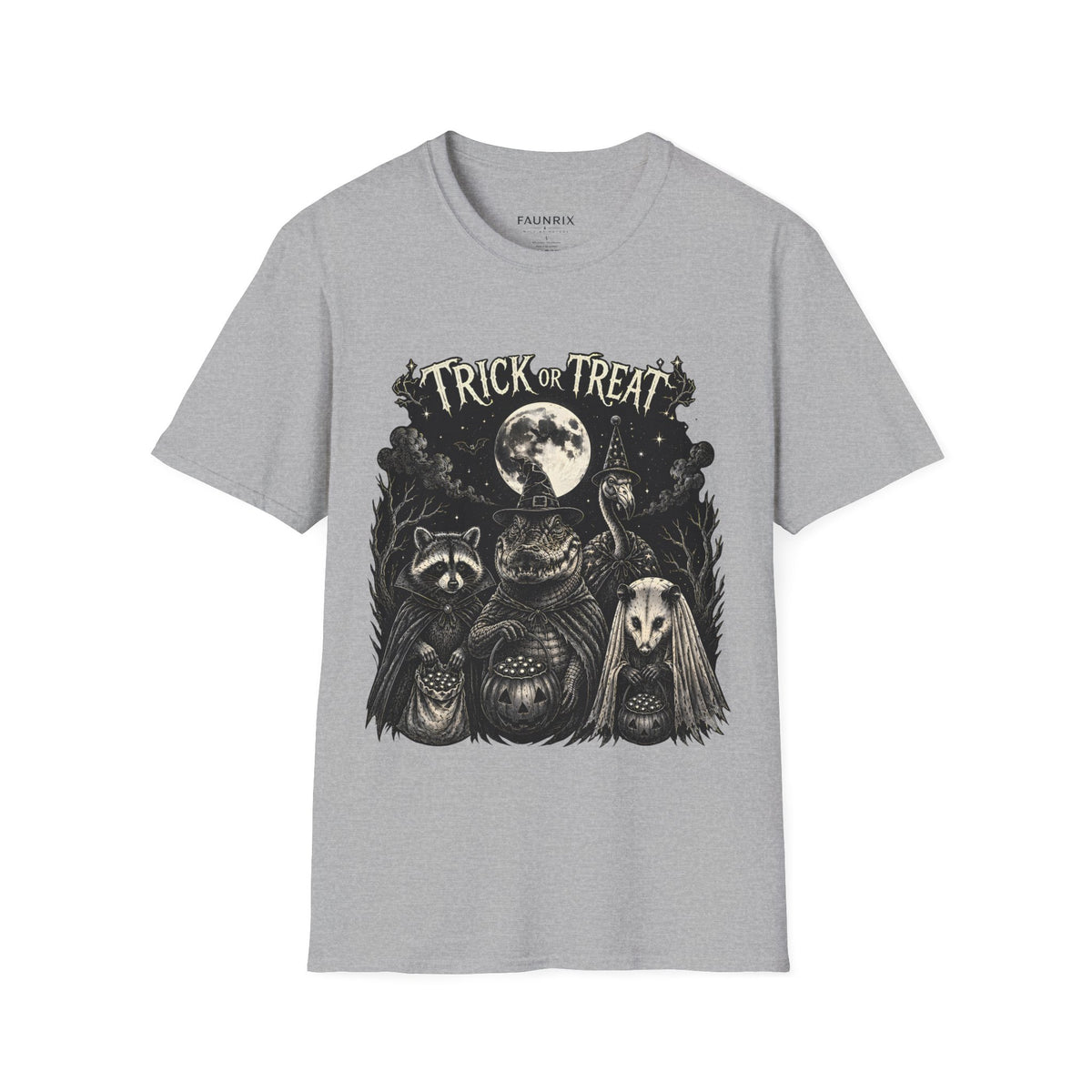 Halloween 'Trick or Treat' T-Shirt — Spooky Moon & Creatures Graphic