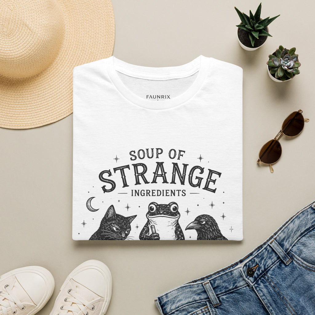 T-Shirt — "Soup of Strange Ingredients" Witchy Frog, Cat & Crow Illustration