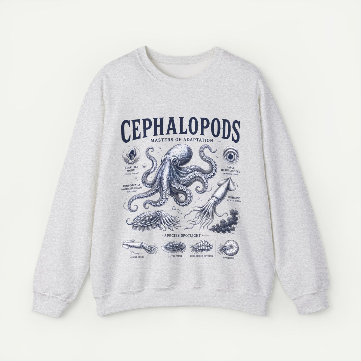 Cephalopods Crewneck Sweatshirt — Vintage Marine Biology Octopus Illustration