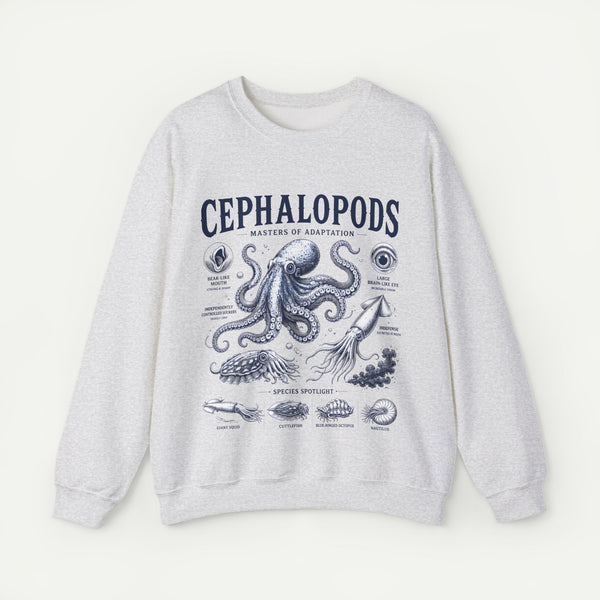 Cephalopods Crewneck Sweatshirt — Vintage Marine Biology Octopus Illustration