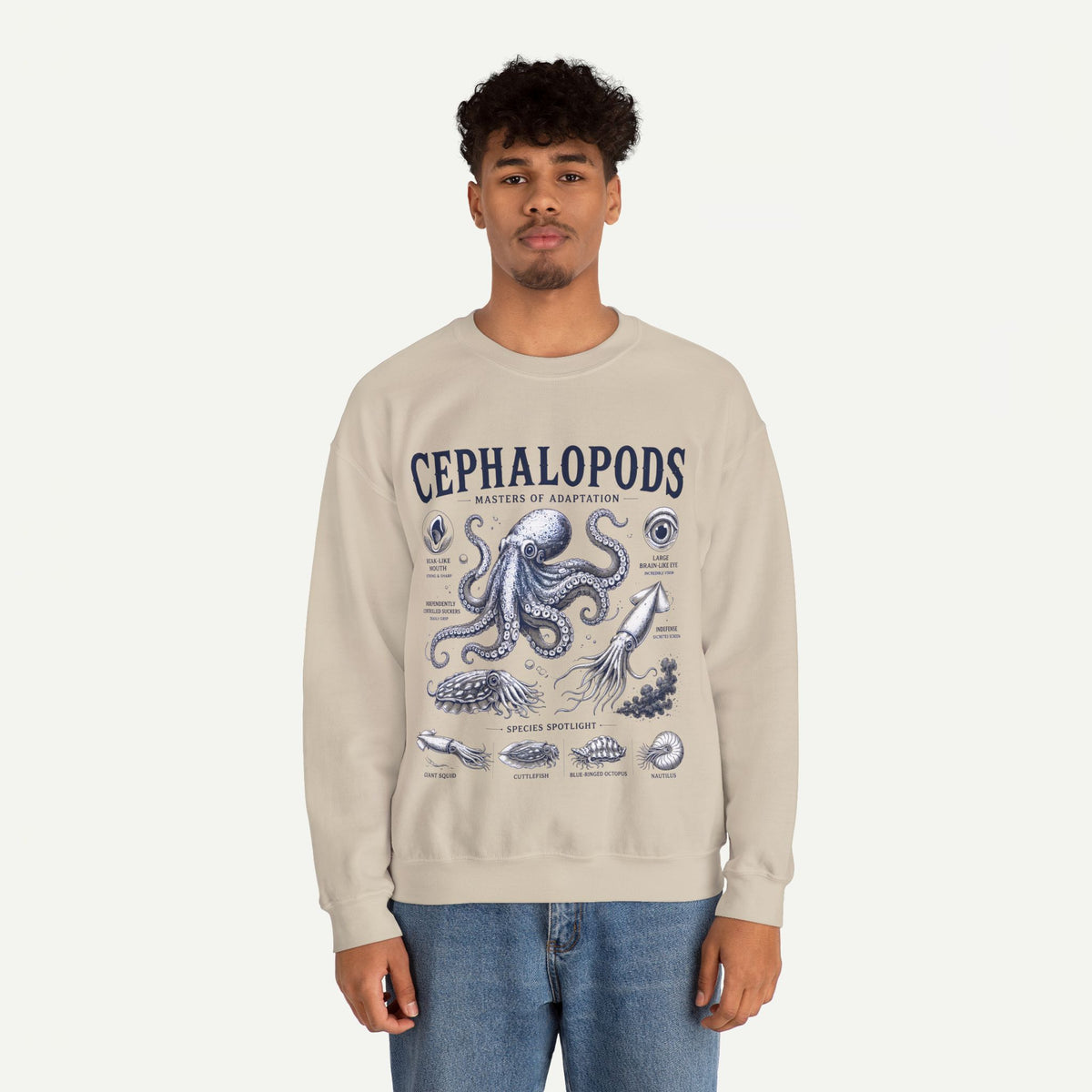 Cephalopods Crewneck Sweatshirt — Vintage Marine Biology Octopus Illustration