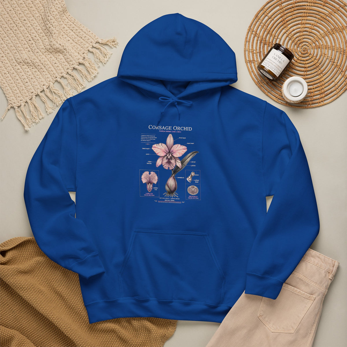 Orchid Botanical Hoodie — Cattleya Orchid Illustration Floral Pullover