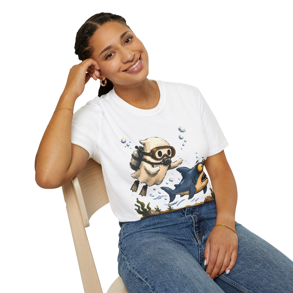 Dive Buddy T‑Shirt — Cute Scuba Pug Chasing Shark Illustration