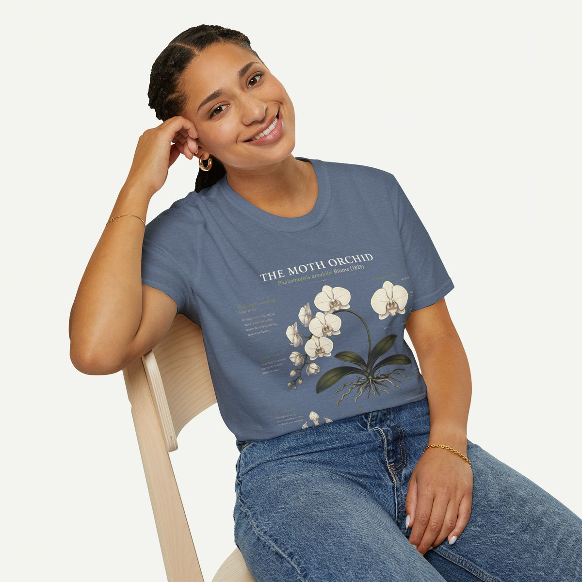 Moth Orchid Anatomy T‑Shirt — Elegant White Phalaenopsis Floral Tee