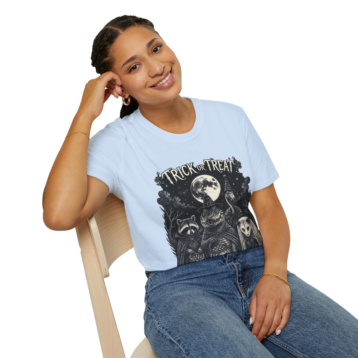 Halloween 'Trick or Treat' T-Shirt — Spooky Moon & Creatures Graphic