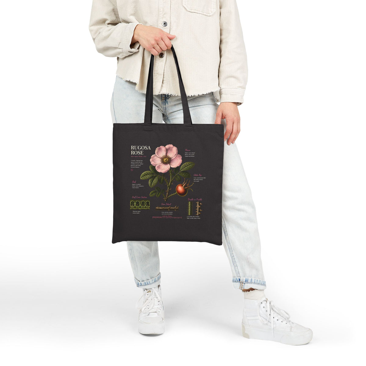 Botanical Rosehip Tote Bag — Vintage Floral Cotton Canvas Grocery Tote