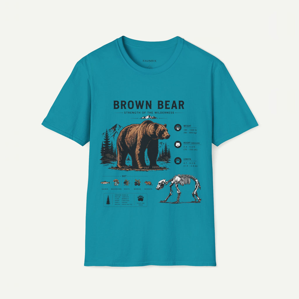 A teal short-sleeve crewneck t-shirt featuring a detailed 'Brown Bear' educational graphic print on the front, displayed against a light off-white background.