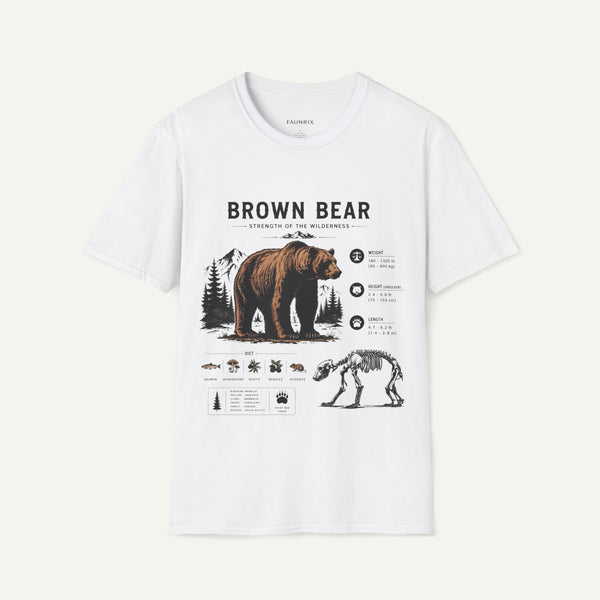 A white short-sleeve crewneck t-shirt featuring a detailed graphic print of a brown bear with its skeleton and various animal illustrations, displayed on a clean off-white background.