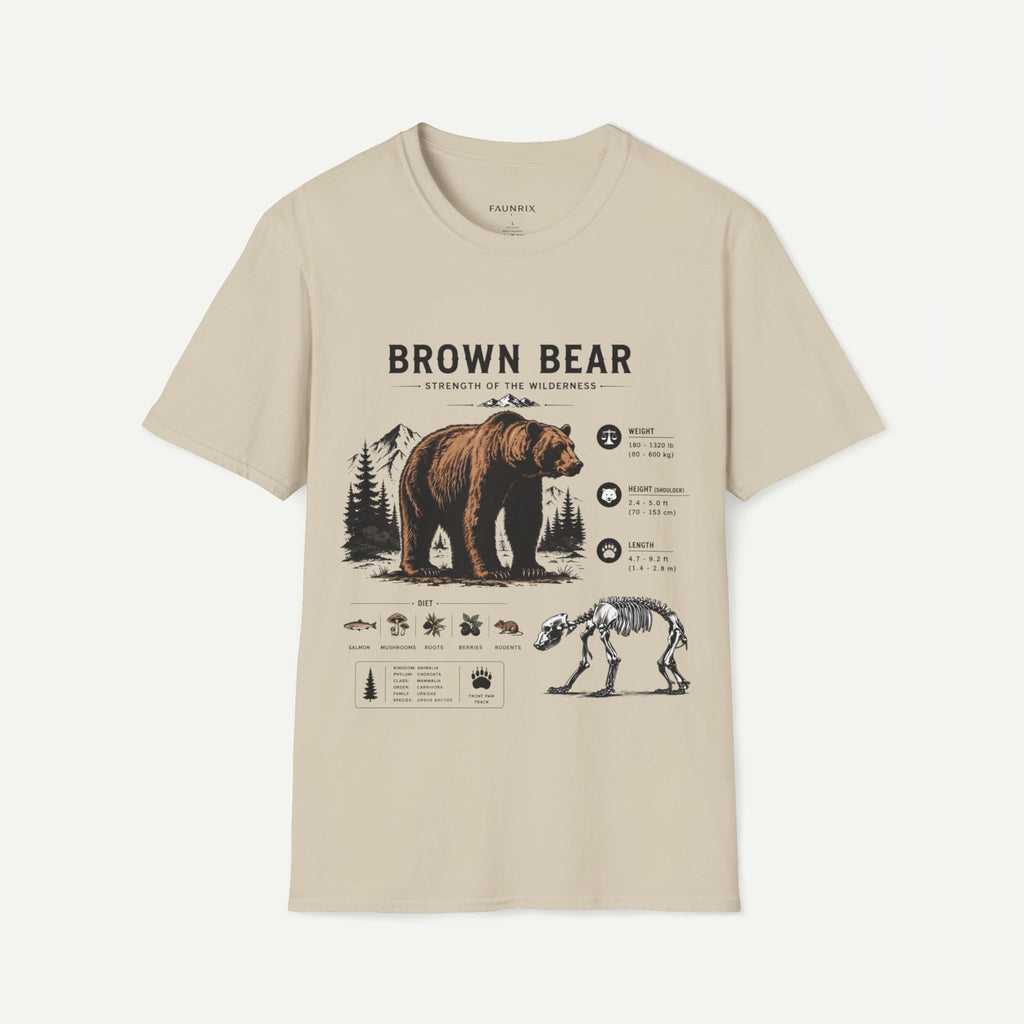 A beige short-sleeve crewneck t-shirt featuring a detailed graphic print of a brown bear, a skeleton bear, and forest details with the text 'BROWN BEAR' and 'STRENGTH OF THE WILDERNESS'.