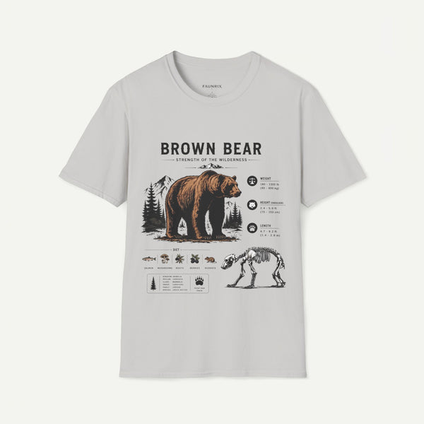 A light gray crewneck t-shirt featuring a detailed graphic print of a brown bear with a skeleton illustration and text on the front, displayed against a light off-white background.