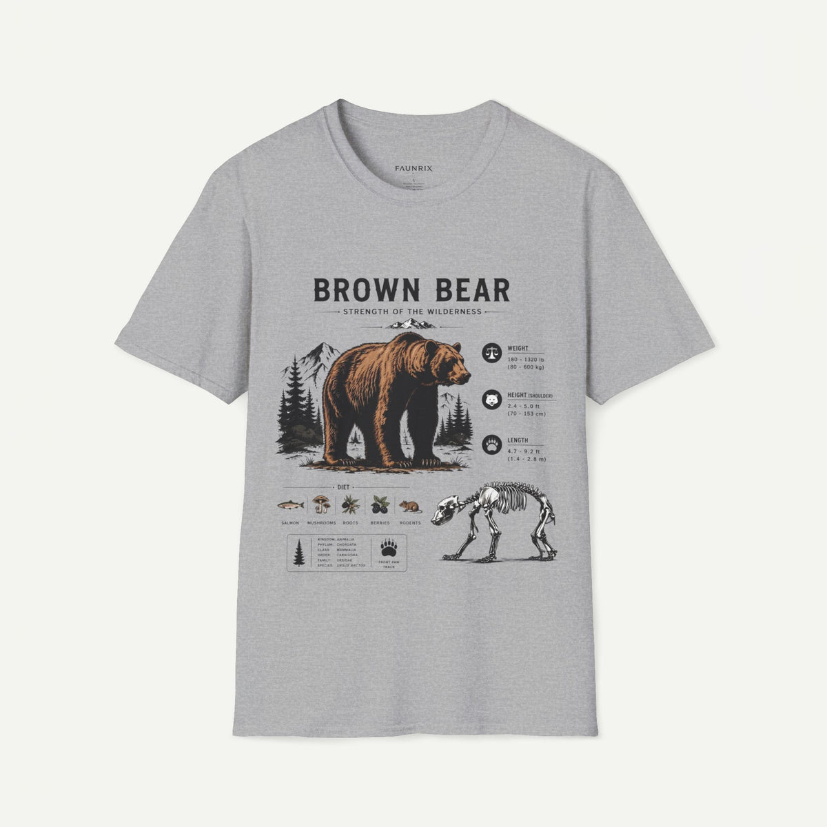 A light gray heather crewneck t-shirt featuring a detailed graphic print of a brown bear, its skeleton, and various animal illustrations with text on the front, displayed against a light off-white background.