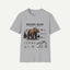 A light gray heather crewneck t-shirt featuring a detailed graphic print of a brown bear, its skeleton, and various animal illustrations with text on the front, displayed against a light off-white background.