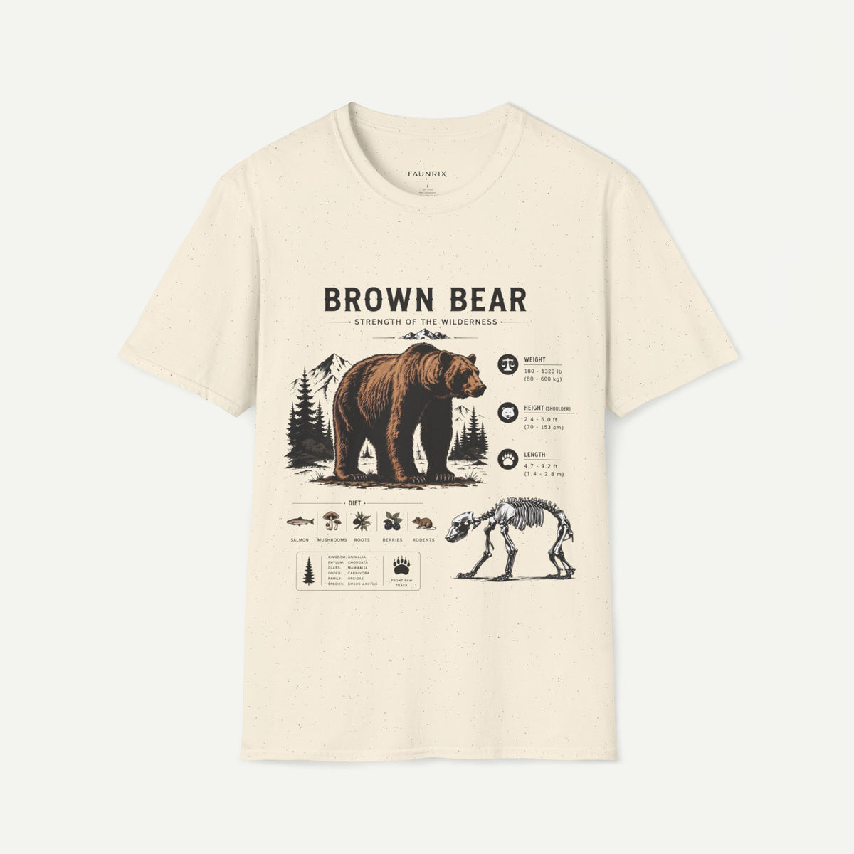 An off-white crewneck t-shirt featuring a detailed graphic print of a brown bear, its skeleton, and hunting-related illustrations with text on the front, displayed against a light off-white background.