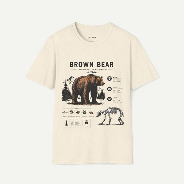 An off-white crewneck t-shirt featuring a detailed graphic print of a brown bear, its skeleton, and hunting-related illustrations with text on the front, displayed against a light off-white background.