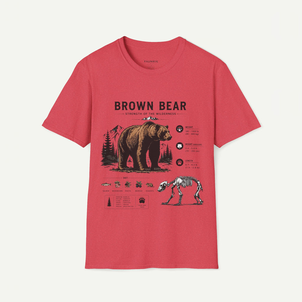 A coral red short-sleeve t-shirt with a detailed graphic print of a brown bear, its skeleton, and various forest icons with text on the front, displayed against a light off-white background.