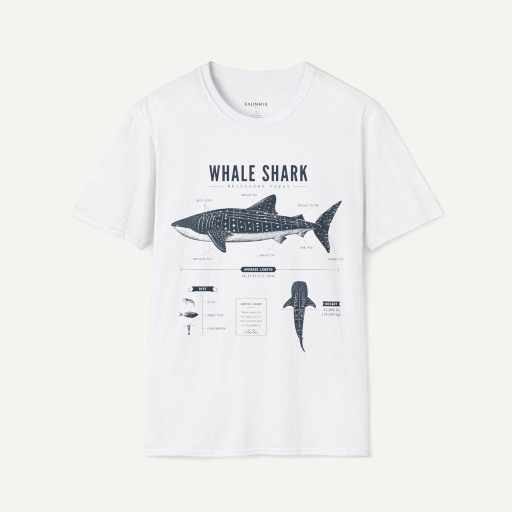 A white short-sleeve crewneck t-shirt featuring a detailed black and white infographic-style graphic of a whale shark, with the text 'WHALE SHARK' and 'MORPHOLOGY' printed on the front.