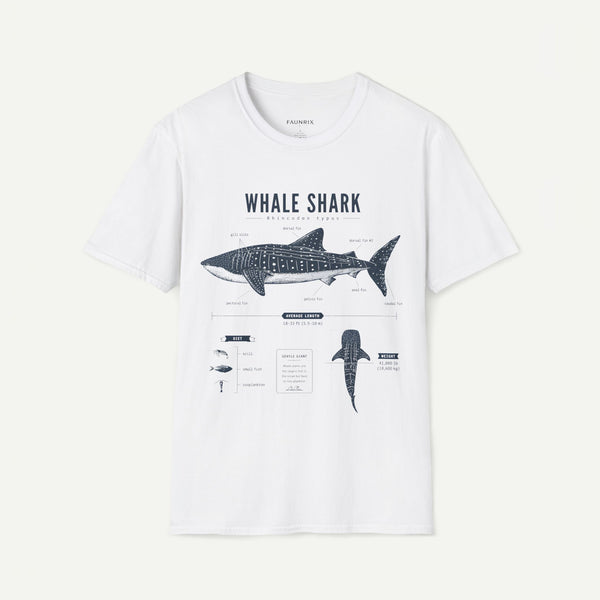 A white short-sleeve crewneck t-shirt featuring a detailed black and white infographic-style graphic of a whale shark, with the text 'WHALE SHARK' and 'MORPHOLOGY' printed on the front.