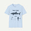 A light blue short-sleeve crewneck t-shirt featuring a detailed black and white whale shark diagram graphic on the front, displayed against a solid off-white background.
